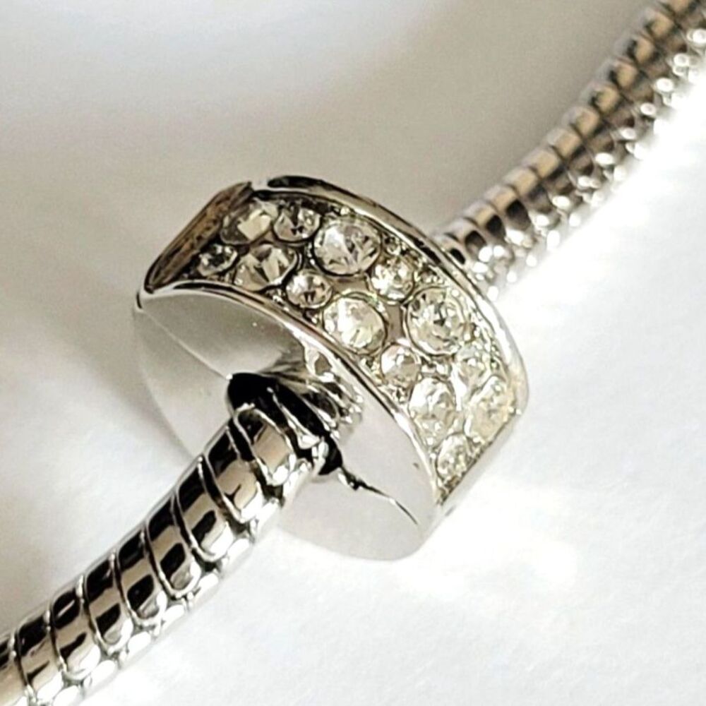 NWT For Pandora Charm Bracelets Silver Clear Rhinestone Snap Stopper Clip Charm